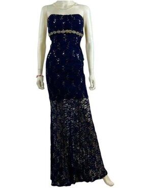 Blue seaweed color lace ruffled mermaid evening dress
